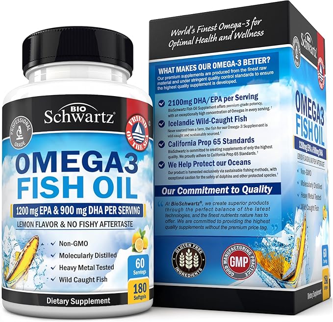 Triple Strength Omega 3 Fish Oil 3000mg - High Potency Omega 3 Supplement for Women and Men, Burpless Lemon Flavor Fish Oil - 2250mg Essential Fatty Acids with DHA & EPA, Wild Caught, 180 Softgels
