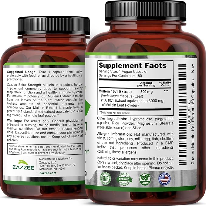 Zazzee Extra Strength Mullein Leaf 10:1 Extract, 180 Vegan Capsules, 6 Month Supply, Verbascum Thapsus, Respiratory & Lung Support, Certified Kosher, 100% Pure Leaf Powder, Non-GMO, Made in the USA
