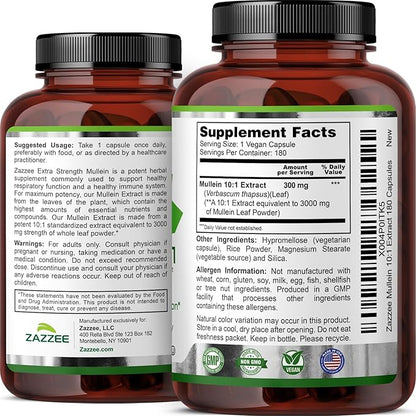 Zazzee Extra Strength Mullein Leaf 10:1 Extract, 180 Vegan Capsules, 6 Month Supply, Verbascum Thapsus, Respiratory & Lung Support, Certified Kosher, 100% Pure Leaf Powder, Non-GMO, Made in the USA