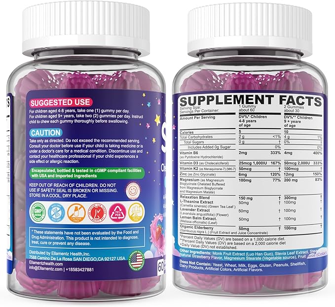 Kids Sleep Gummies, NO Melatonin Sleep Aid Gummies w/ Magnesium Glycinate, Magnesium Malate, L-Theanine, Lavender, B6, Zinc, D3K2 for Restful Sleep, Relax Brain & Muscle, Immune Support, Non-GMO 1Pack