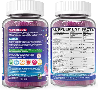 Kids Sleep Gummies, NO Melatonin Sleep Aid Gummies w/ Magnesium Glycinate, Magnesium Malate, L-Theanine, Lavender, B6, Zinc, D3K2 for Restful Sleep, Relax Brain & Muscle, Immune Support, Non-GMO 1Pack