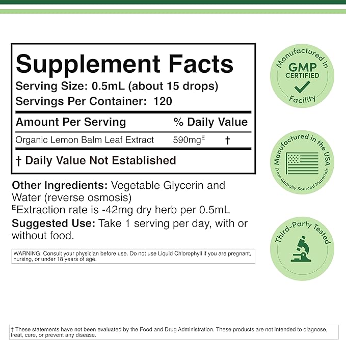 Double Wood Supplements Organic Lemon Balm Tincture - for Digestion & Relaxation 590mg - 2FL OZ, 120 Servings (Better Absorbed Than Capsules, Great for Lemon Balm Tea)