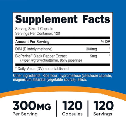 Nutricost DIM (Diindolylmethane) Plus BioPerine 300mg, 120 Vegetarian Capsules - Up to 4 Month Supply, Max Strength DIM Supplement