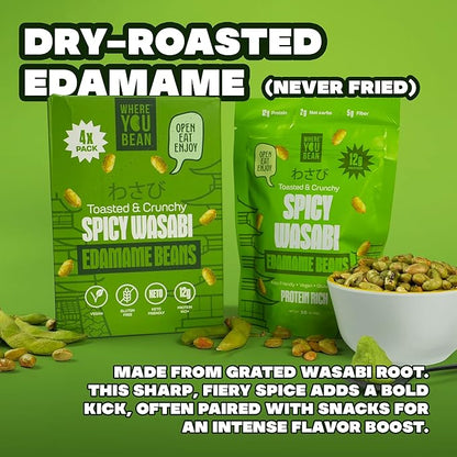 Where You Bean Edamame Beans Snack (Spicy Wasabi) - Crunchy and Dry Roasted Edamame Beans - High Protein Snacks, Keto and Vegan Healthy Snacks for Adults & Low Carb Asian Snack 3 oz (Pack of 4)