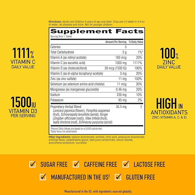 Airborne 1000mg Vitamin C with Vitamin D & Zinc, Sugar Free Multivitamin Immune Support Supplement, Antioxidants Vitamins A C & E, Very Berry Flavor, 30 Tablets (Pack of 2)