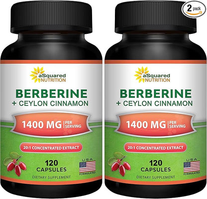 aSquared Nutrition Berberine with Ceylon Cinnamon Supplement - Max Strength Complex - 120 Capsules - Berberine HCl 1200mg Per Serving - Extract Plus Pills Alternative to Gummies & Drops (Pack of 2)