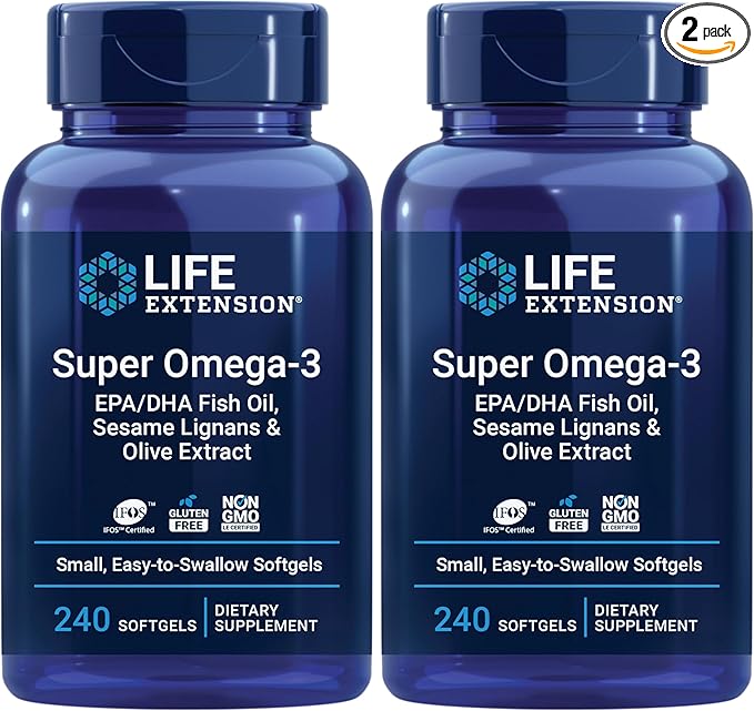 Life Extension Super Omega-3 EPA/DHA Fish Oil, Sesame Lignans & Olive Extract – Heart, Brain, Inflammation Health Support, Gluten-Free, Easy to Swallow, Non-GMO, 240 Softgels (Pack of 2)