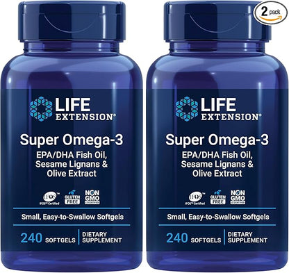 Life Extension Super Omega-3 EPA/DHA Fish Oil, Sesame Lignans & Olive Extract – Heart, Brain, Inflammation Health Support, Gluten-Free, Easy to Swallow, Non-GMO, 240 Softgels (Pack of 2)