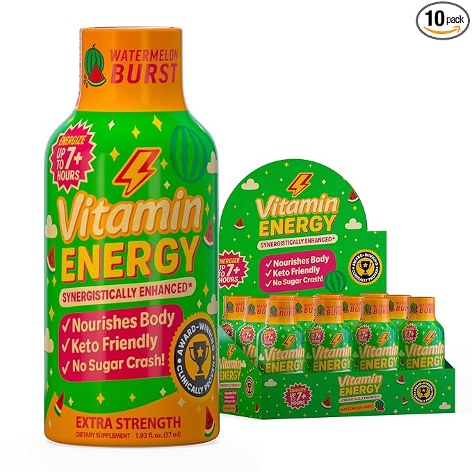 Vitamin Energy Immune+ Extra Strength Energy Shot Watermelon Burst 10 Pack, 260mg Natural Caffeine, B-Vitamins, Citicoline, Green Tea, Immunity & Focus Support, Zero Sugar, Gluten-Free 1.93 fl oz