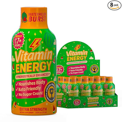 Vitamin Energy Immune+ Extra Strength Energy Shot Watermelon Burst 8 Pack, 260mg Natural Caffeine, B-Vitamins, Citicoline, Green Tea, Immunity & Focus Support, Zero Sugar, Gluten-Free 1.93 fl oz