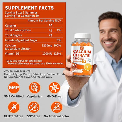 (3 Pack) Calcium Citrate 1200 mg with Vitamin D3 Gummies for Women & Men,Calcium Supplements,High Absorption for Bone Muscle Healthy - Easy to Digest, Sugar Free,Vegan,Orang Flavor,60 Day Supply