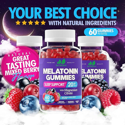 Melatonin 20mg Gummies with Magnesium Citrate - Maximum Strength Sleep Aid for Adults with 10mg of Melatonin Per Gummy - Gluten-Free, Non-GMO, Vegetarian, Mixed Berry Flavor - 60 Gummies