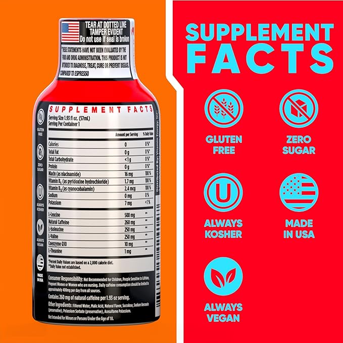 Vitamin Energy Focus+ Extra Strength Energy Shot Mango 24 Pack, 260mg Natural Caffeine, B-Vitamins, CoQ10, Amino Acids, Focus, Productivity & Clarity, Zero Sugar, Gluten-Free, 1.93 fl oz