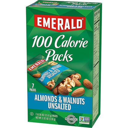 Emerald Nuts Unsalted Almonds and Walnuts 7 Ct (1-Pack), 100-Calorie Individual Packs of Nut Blend, Kosher Certified, Non-GMO, Contains No Artificial Preservatives, Flavors or Synthetic Colors