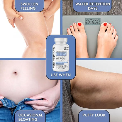 Youth & Tonic Water Weight Away – Herbal Diuretics for Water Retention & Bloating Support – with Potassium & Vitamin B6 for Fluid Balance – 60 Pills for Belly Bloat, Leg & Feet Swelling Support