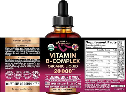 USDA Organic Vitamin B-Complex B5 Pantothenic Acid | B12 Methylcobalamin | B1 Thiamine | B6 Pyridoxine | B7 Biotin | B9 Folic | B3 Niacinamide - B Complex Liquid Drops, Made in USA Supplement, 2fl oz