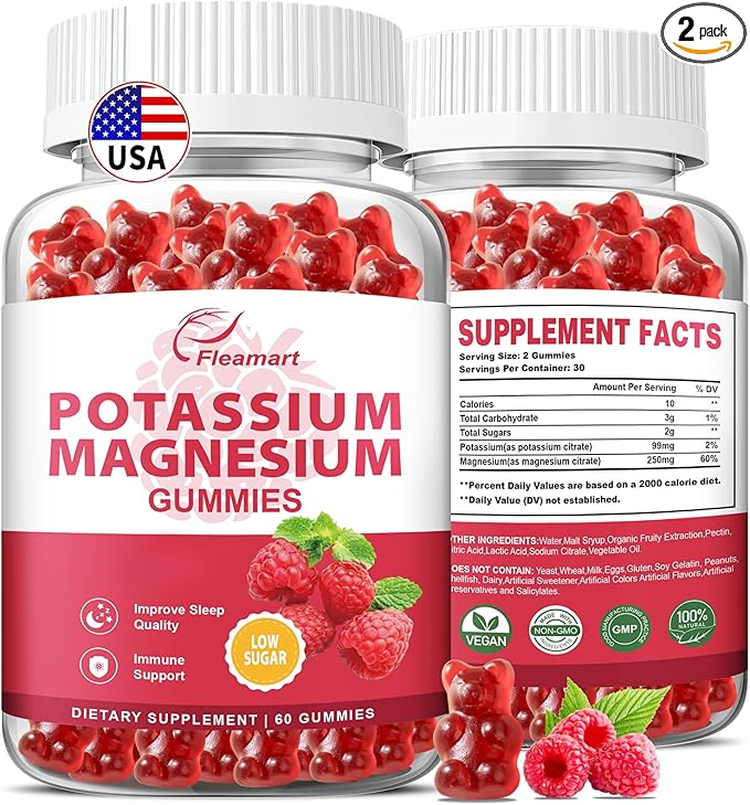 Potassium Magnesium Gummies Potassium Citrate 99mg Magnesium Citrate 250mg Magnesium Potassium Complex Supplement, Immune Support, 60 Raspberry Gummies 2 Pack