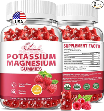 Potassium Magnesium Gummies Potassium Citrate 99mg Magnesium Citrate 250mg Magnesium Potassium Complex Supplement, Immune Support, 60 Raspberry Gummies 2 Pack
