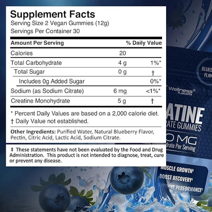 Creatine Gummies 5000mg, 30 Servings Creatine Monohydrate Gummies - Third-Party Tested Creatine for Women, Blueberry Flavor Creatine for Men, Muscle Growth, Strength, and Recovery - Pack of 1