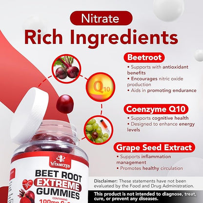 Extreme Beetroot Formula & COQ10 100mg with Grape Seed Extract, for Circulation Energy & Flow, Beet Root Gummies Extract Gluten Free 60