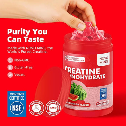 novomins Creatine Monohydrate Gummies for Men & Women, Chewables Creatine Monohydrate for Muscle Strength, Muscle Builder, Energy Boost, Pre-Workout Supplement(90 Count)-Watermelon Flavor. 1 Pack