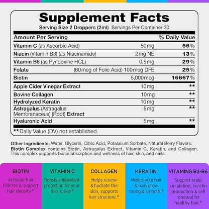 Liquid Biotin for Hair Growth, Skin & Nails - 80,000 mcg Hair Vitamins Drops - Extra Strength Biotin 5000mcg, Collagen, Keratin with Hyaluronic Acid - Multivitamin Supplement for Women & Men - 2 fl oz