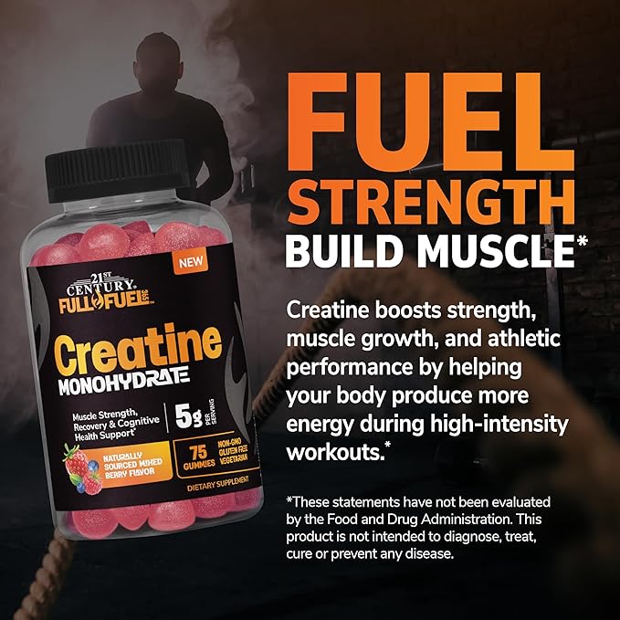 21st Century Full Fuel 365 Creatine Monohydrate Gummies, 5g Per Serve, Muscle Strength, Recovery & Cognitive Support, Mixed Berry Flavor, 75 Gummies