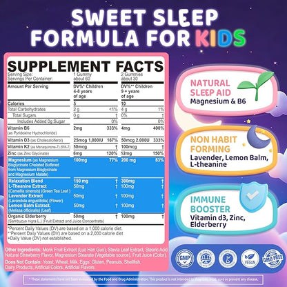 Kids Sleep Gummies, NO Melatonin Sleep Aid Gummies w/ Magnesium Glycinate, Magnesium Malate, L-Theanine, Lavender, B6, Zinc, D3K2 for Restful Sleep, Relax Brain & Muscle, Immune Support, Non-GMO 1Pack