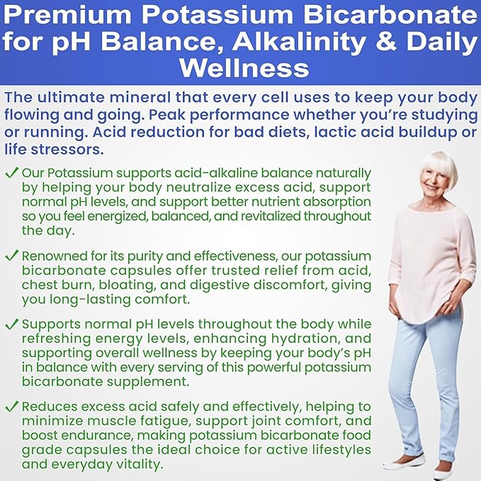 Pure Potassium Bicarbonate Supplement Capsules pH Balance Pills, High Potassium Electrolytes 1200mg Serv. USA Made Potassium Bicarbonate Food Grade, Acid-Alkaline Balance Immunity Endurance 2-Pack