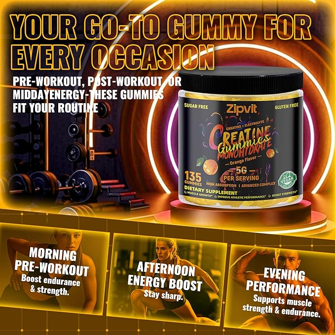 zipvit Creatine Monohydrate Gummies (5g) – Pre-Workout Energy & Muscle Growth Support for Men & Women | Orange Electrolyte Gummies (135 Count)