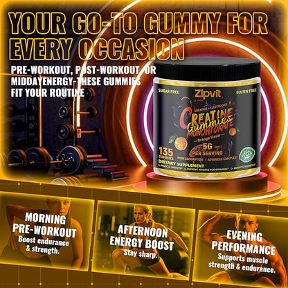 zipvit Creatine Monohydrate Gummies (5g) – Pre-Workout Energy & Muscle Growth Support for Men & Women | Orange Electrolyte Gummies (135 Count)