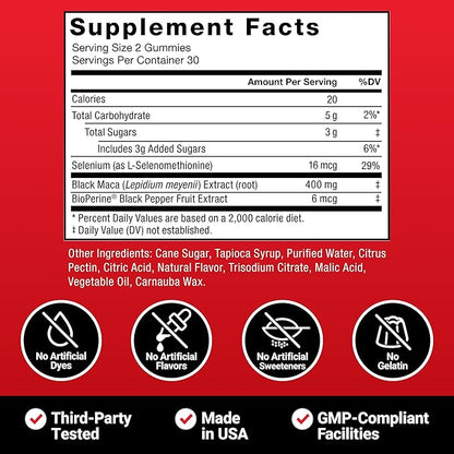 Force Factor Black Maca Gummies for Men & Women, Boost Energy, Strength, Drive & Vitality, BioPerine & Selenium for Superior Absorption, Peruvian Black Maca Root Extract, Passion Berry, 60 Gummies