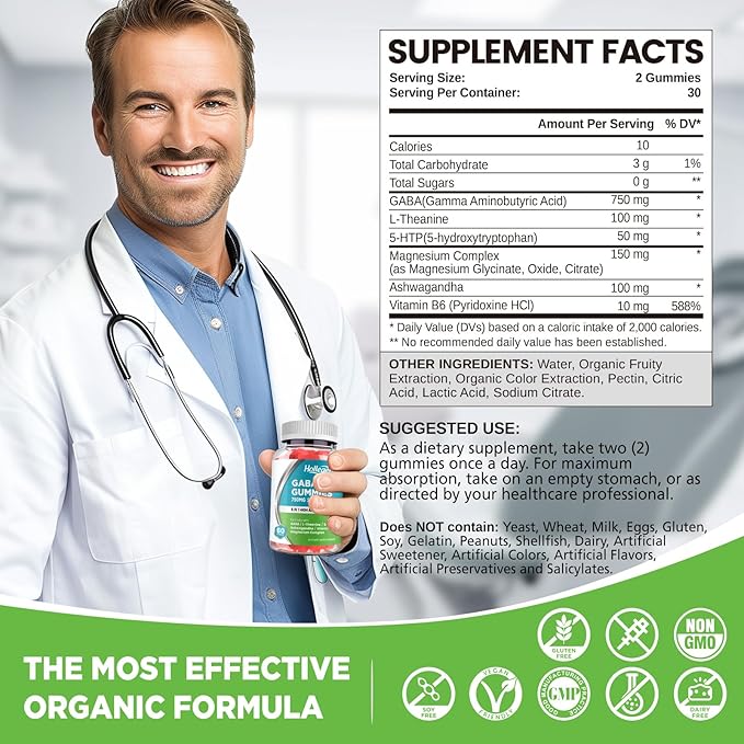 GABA Gummies, Sugar-Free Stress Relief Gummies for Adults, High-Potency GABA L-theanine Supplement with Magnesium, Ashwagandha, 5-HTP & Vitamin B6 for Zzz & Brain Health, Vegan, 60