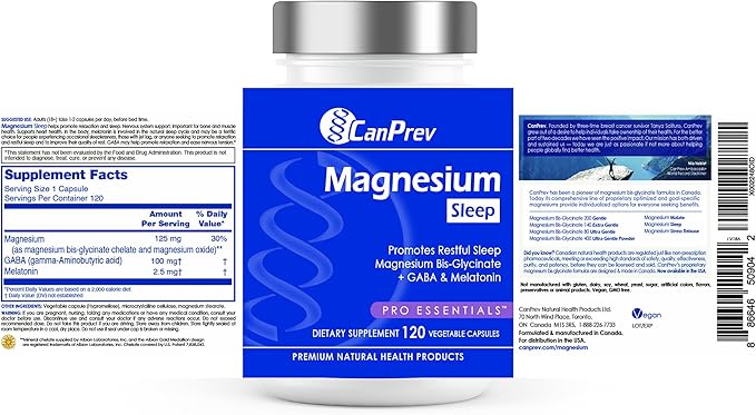 CanPrev Magnesium Bisglycinate Chelated + GABA & Melatonin, 120 Veg Caps, 120-Day Supply, Support Restful Night, Muscle Function, Promote Relaxation & Balanced Sleep-Wake Cycle, Vegan, No GMO & Gluten