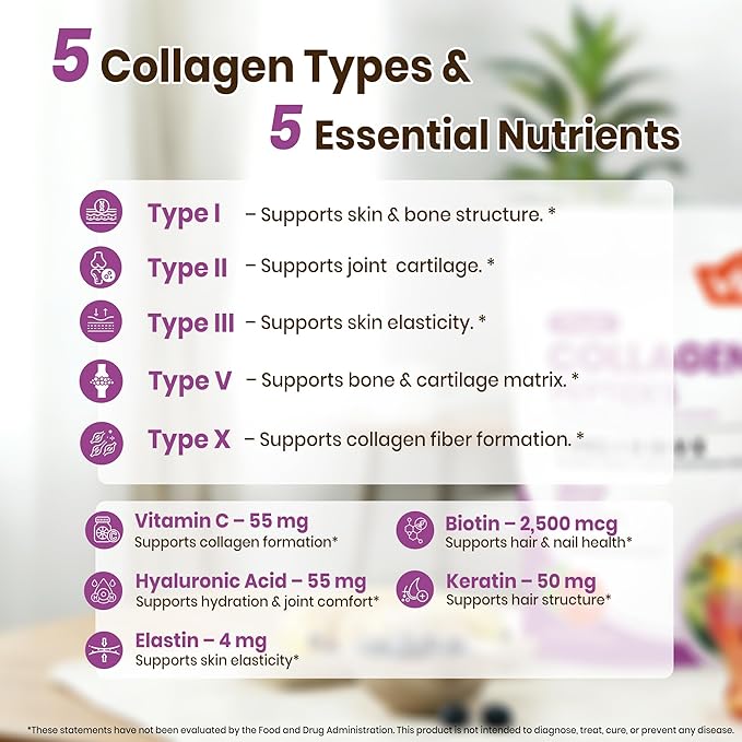 VEV Multi Collagen Peptides Powder, 16 oz (41 Servings) – Type I, II, III, V, X, Hydrolyzed Collagen, Hyaluronic Acid, Biotin, Vitamin C, Supports Skin, Unflavored, Dissolves Easily
