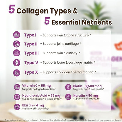 VEV Multi Collagen Peptides Powder, 16 oz (41 Servings) – Type I, II, III, V, X, Hydrolyzed Collagen, Hyaluronic Acid, Biotin, Vitamin C, Supports Skin, Unflavored, Dissolves Easily