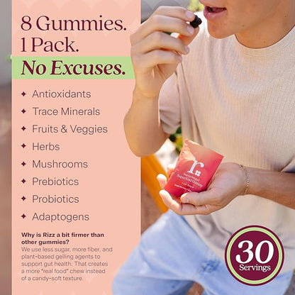 Rizz Low Sugar Green Gummies - 60+ Superfoods 6g Fiber - Prebiotic and Probiotic Gummies - Vegan Multivitamins for Women & Men - Gluten Free - Mushroom, Fruit and Vegetable Supplements - 30 Day Supply