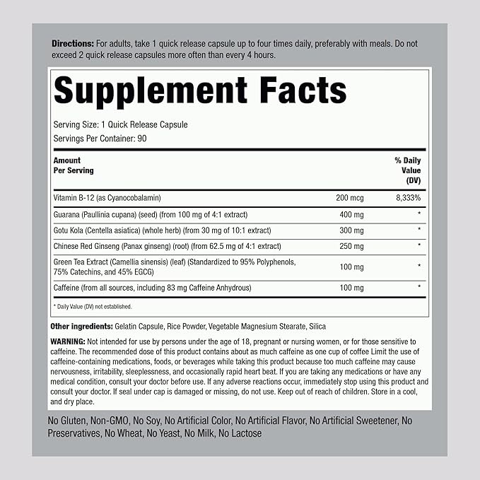 Piping Rock Energy Supplement with Caffeine | 90 Capsules | Quick Release Energy Booster Pills | Non-GMO, Gluten Free Formula