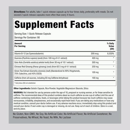 Piping Rock Energy Supplement with Caffeine | 90 Capsules | Quick Release Energy Booster Pills | Non-GMO, Gluten Free Formula