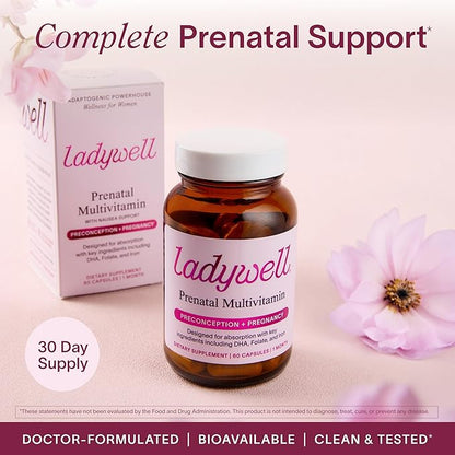 Ladywell Prenatal Multivitamin | Conception, Pregnancy & Postpartum | Key Ingredients Including DHA, Folate & Iron | Expertly-Formulated & Tested | Designed for Absorption with Nausea Support, 2-Pack