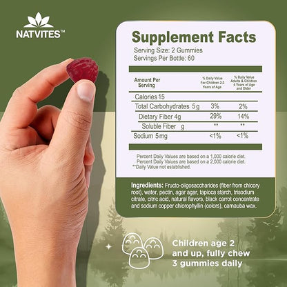 Prebiotic Kids Fiber Gummies, for Children Ages 2 & Up - Sugar Free Vegetarian Gelatin Free Non-GMO, Kids Fiber Supplements for Digestive Health (120 Count)