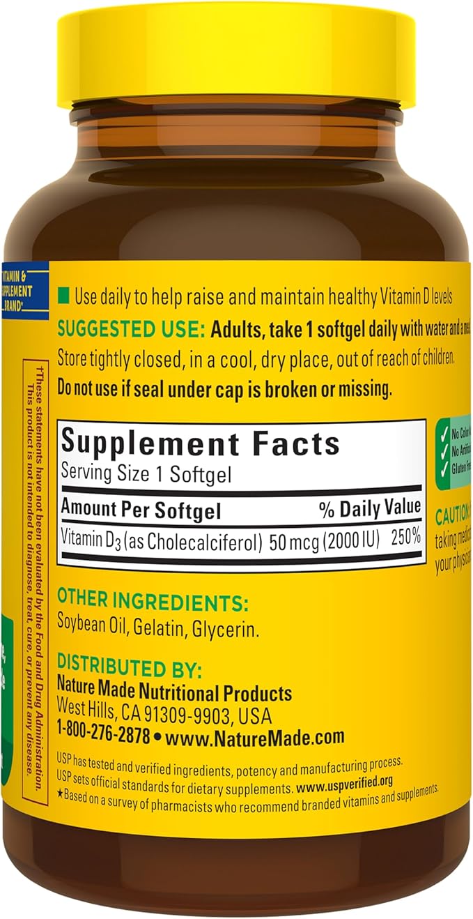 Nature Made Vitamin D3 2000 IU (50 mcg), Vitamin D Supplement for Bone, Teeth, Muscle and Immune Health Support, 250 Softgels, 250 Day Supply