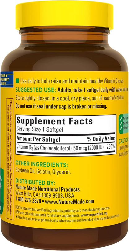 Nature Made Vitamin D3 2000 IU (50 mcg), Vitamin D Supplement for Bone, Teeth, Muscle and Immune Health Support, 250 Softgels, 250 Day Supply