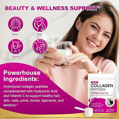 Multi Collagen Peptides Powder | Types I, II, III, V, X | 16 Oz (41 Servings) Hydrolyzed Collagen Peptides | Supports Healthy Skin, Joints, Hair, and Nails | Unflavored & Dissolves Easily