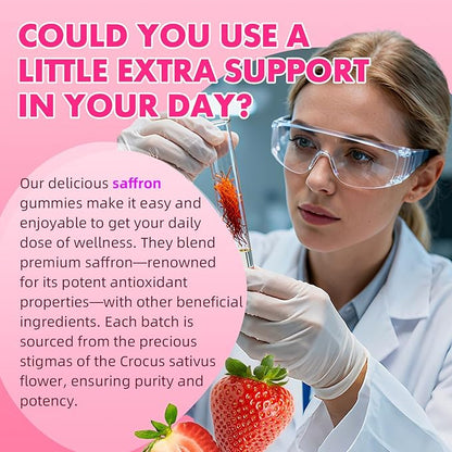 Saffron Gummies for Adult Kids - with Saffron 88.5mg, Vitamins D3 & B6, Magnesium, Zinc, Ashwagandha, L - Theanine, St. John's Wort - Supports Mood & Focus, Strawberry Flavor, 60 Count