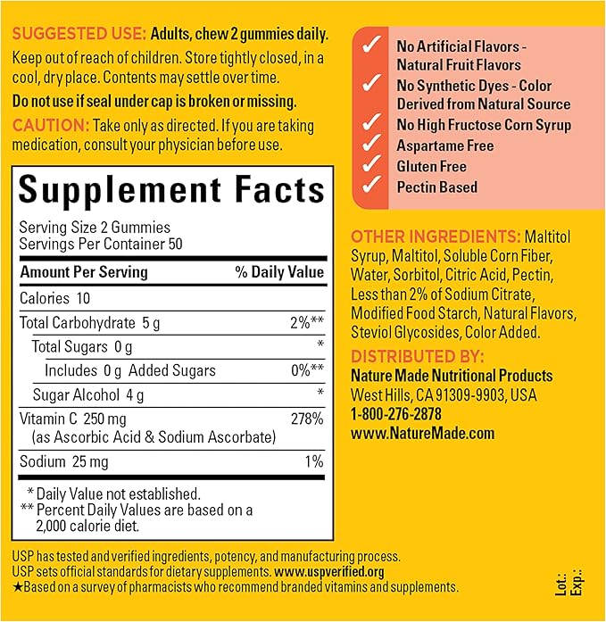 Nature Made Zero Sugar Vitamin C Gummies 250 mg Per Serving, Immune & Antioxidant Support, Aspartame Free, 100 Sugar Free Vitamin C Gummies, 50 Day Supply