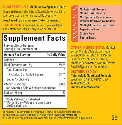 Nature Made Zero Sugar Vitamin C Gummies 250 mg Per Serving, Immune & Antioxidant Support, Aspartame Free, 100 Sugar Free Vitamin C Gummies, 50 Day Supply