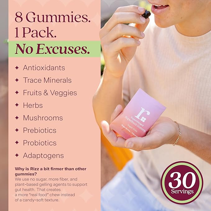 Rizz Sugar-Free Green Gummies - 60+ Superfoods 6g Fiber - Prebiotic and Probiotic Gummies - Vegan Multivitamins for Women & Men - Gluten Free - Mushroom, Fruit and Vegetable Supplements -30 Day Supply