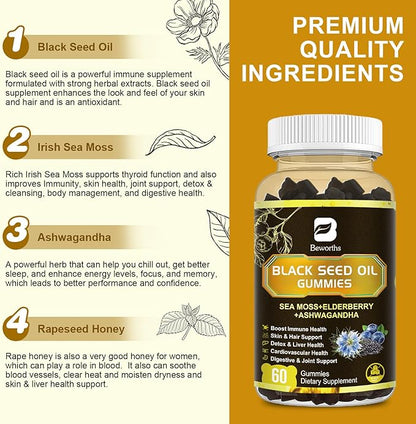 Black Seed Oil & Sea Moss Gummies, 2Pack Irish Sea Moss Gummies with Black Seed Oil, Ashwagandha Extract, Elderberry, Turmeric, Vitamin C, Vitamin D3 - Immune Support, Joints, Digestion, Hair & Skin
