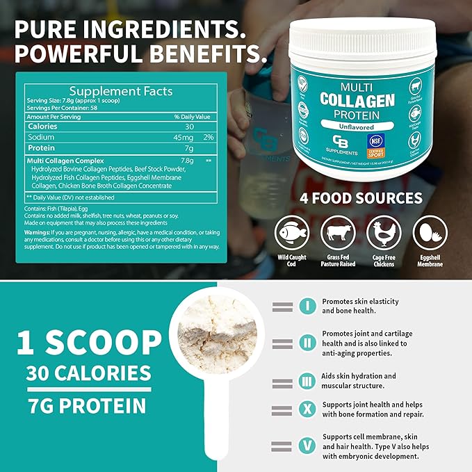 CB Supplements NSF Certified for Sport Multi Collagen Protein Powder Bone, Skin, Hair, and Joint Support | Hydrolyzed Collagen Supplements (58 Servings (Pack of 1), Unflavored)